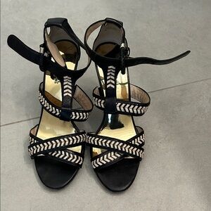 MICHAEL Michael Kors Black Heeled Sandals with Cream Braid Detail